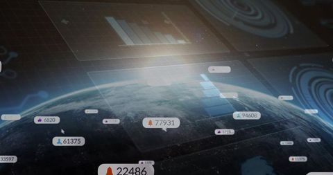 Futuristic Earth HUD with Floating Data Badges and Holographic Analytics Over Globe