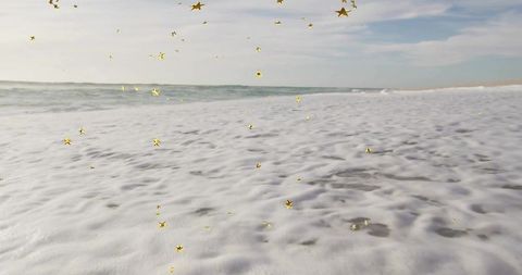 Foamy Waves Meet Golden Star Confetti at Tranquil Beach