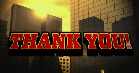 Bold Thank You Text Over Digital Cityscape at Sunset