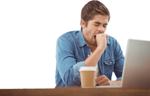 Tired Professional Yawning at Desk with Coffee and Laptop - Download Free Stock Videos Pikwizard.com