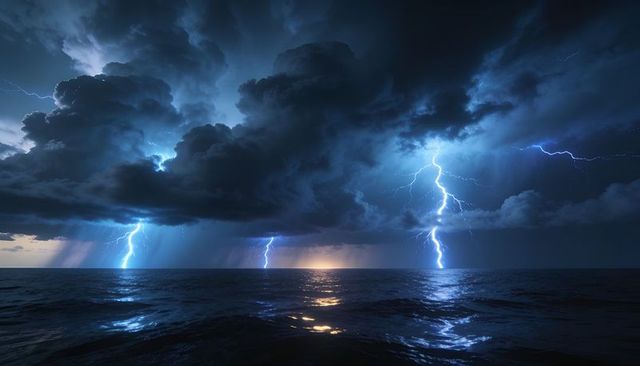 Night ocean lightning striking under massive cumulonimbus storm, illuminating rain shafts