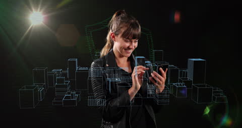 Smiling Woman Interacting with Smartphone Amidst Virtual Digital Cityscape