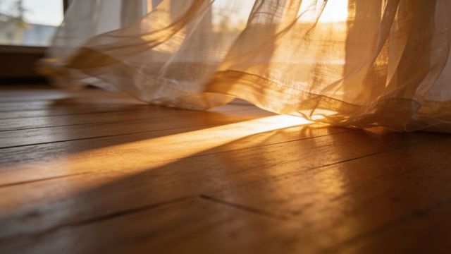 Sheer curtain billowing over sunlit hardwood floor casting warm golden light