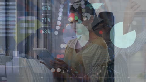 Digital Business Analyst Reviewing Data with Overlay Graphics