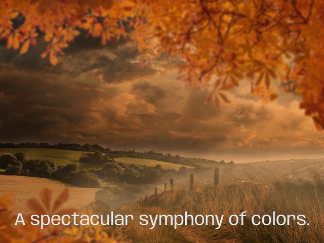 This image conveys the beauty of autumn with vibrant leaves framing a picturesque countryside scene. Featuring warm orange and yellow tones, a lush hillside and a dramatic sky, it is perfect for use in seasonal marketing campaigns, greeting cards, inspirational posters or as website background for travel and nature blogs.