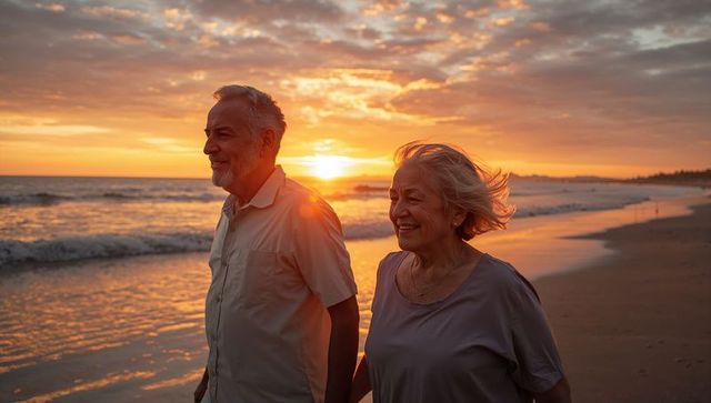 Walking senior couple on beach at sunset enjoying golden hour and seaside retirement