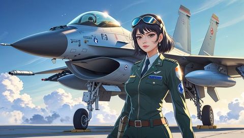 Heroic asian pilot beside f-16 jet on airbase tarmac at sunrise