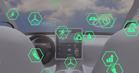 Futuristic car interior showing digital data interface on dashboard