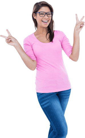 Smiling Woman in Glasses Showing Peace Sign on Transparent Background - Download Free Stock Videos Pikwizard.com