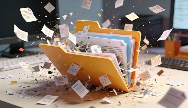 Exploding office file folder scattering documents and colorful dividers across desk