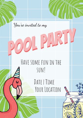 Whimsical Pool Party Invitation Design with Flamingo and Lemonade - Download Free Stock Templates Pikwizard.com