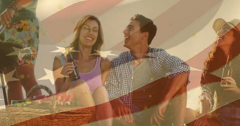 Friends Enjoying Picnic with American Flag Overlay