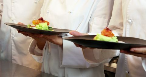 Chefs Presenting Gourmet Dishes in Professional Kitchen