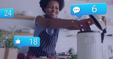 Smiling woman cooking in smart kitchen with social media overlays