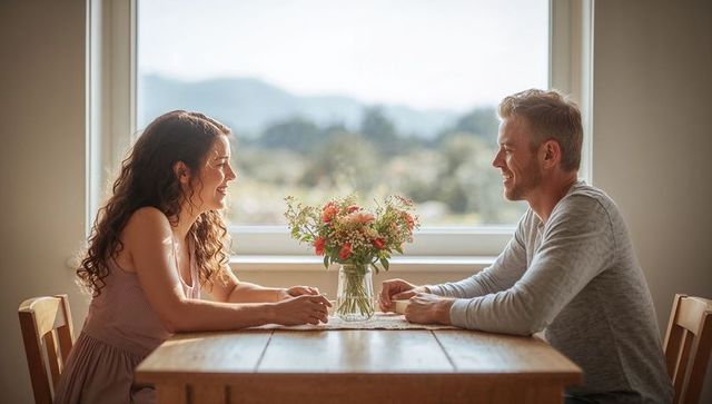 Couple sharing intimate morning conversation at sunlit dining table with flowers