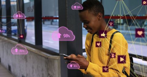 Young Woman Engaged with Digital Media Icons on Smartphone