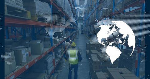 Warehouse logistics worker surveying aisle with global supply chain network overlay