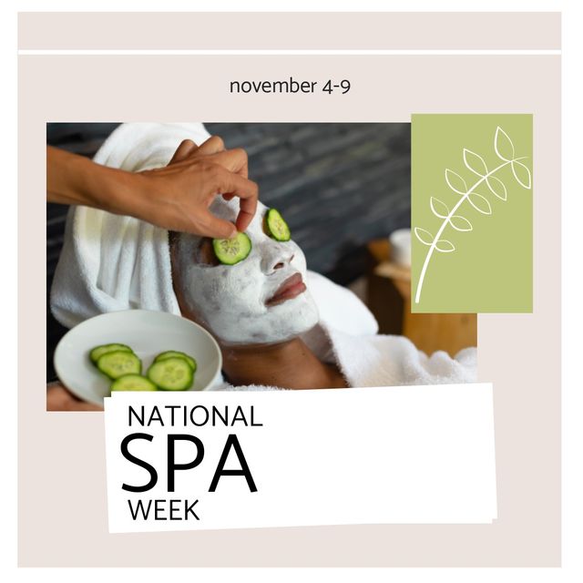 Digital image of african american woman with face pack, cucumber slices, national spa week text. Copy space, public awareness, physical, mental and emotional benefits, relaxation, wellbeing.