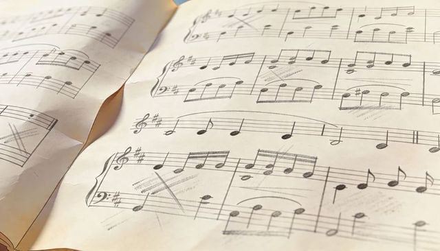 Vintage piano sheet music with pencil annotations, crossed-out measures, folded pages