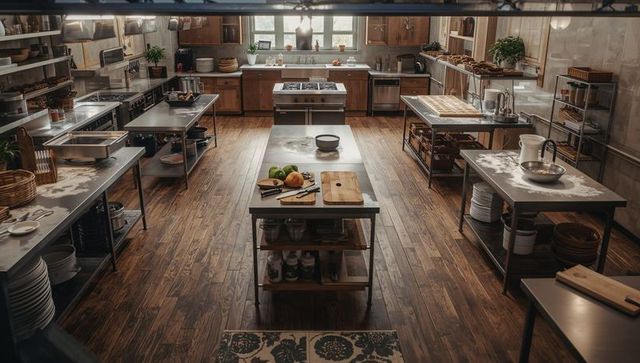 Commercial kitchen with central prep island, stainless worktables, fresh fruit and baking stations
