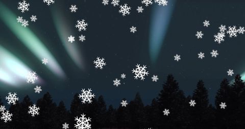 Magical snowfall over aurora borealis with pine forest background