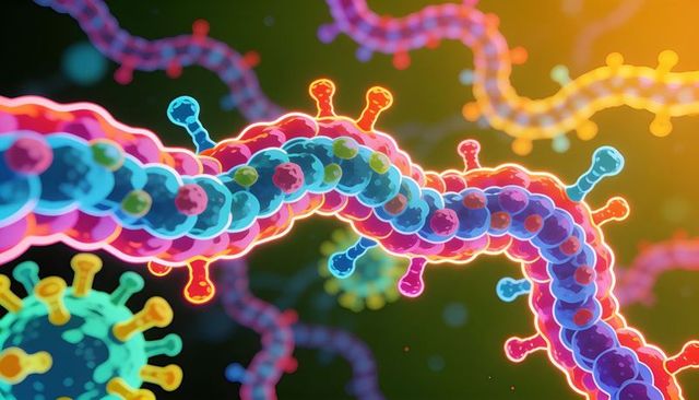 Glowing neon viral helix twisting through molecular field with spiked virions and bokeh