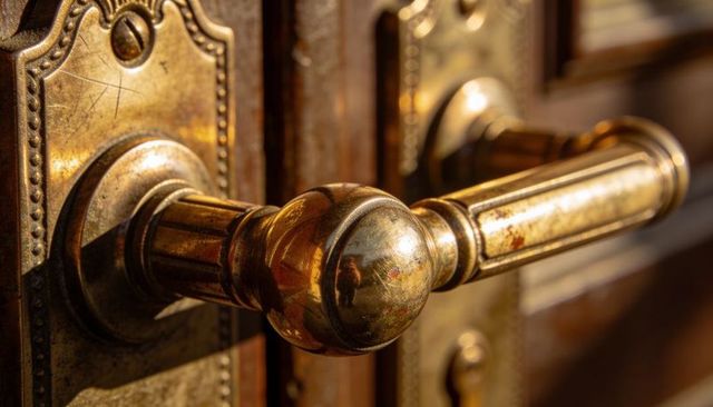 Antique brass doorknob and lever reflecting warm light, showing patina on ornate backplate