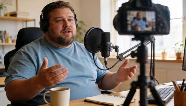 Bearded Content Creator Recording Podcast in Home Studio with Microphone and Camera Gear