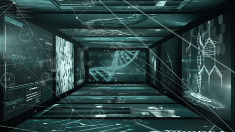 Futuristic Digital Network with Data Visualization and DNA Helix