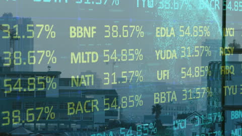 Digital Financial Data and Graphs Overlay on Cityscape