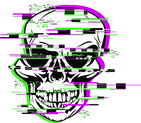 Glitching neon skull on transparent background with futuristic design
