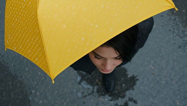 Woman holding yellow umbrella walking on wet urban pavement overhead view
