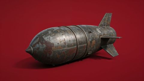 Rustic weathered aerial bomb on red background