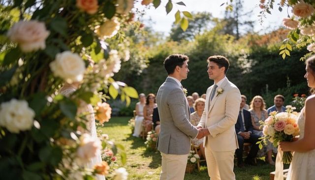 Sunlit garden wedding two grooms exchanging vows under floral arch with pastel rose bouquet
