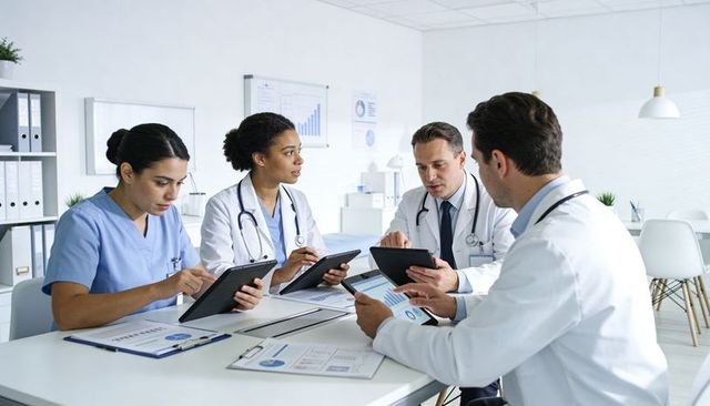 Multidisciplinary medical team reviewing digital charts and tablets in modern clinic meeting