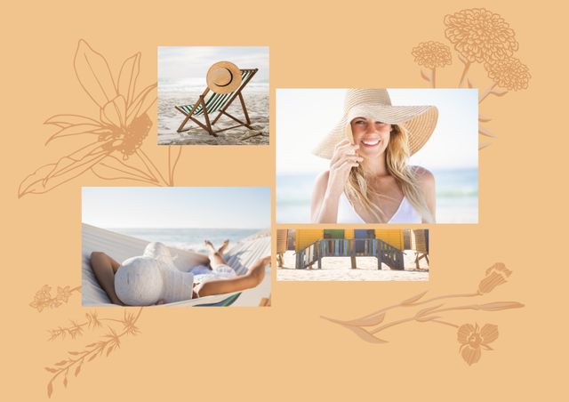 This summer-themed collage template features beach scenes, including a woman smiling with a hat, beach lounge chairs, and a coastal boardwalk, all against a floral-decorated background. Perfect for blog posts, travel articles, event invitations, and scrapbooking projects to evoke a cheerful, sunny, and relaxing atmosphere.