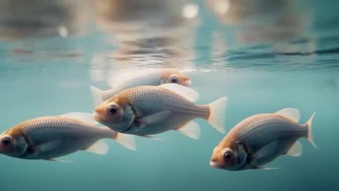 Goldfish Shoal Gliding Under Water with Tranquility