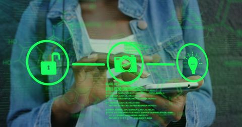 Hands with Smartphone Featuring Digital Tech Icons