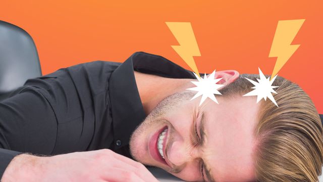 The video features an animation of lightning bolts above a caucasian man experiencing severe discomfort, representing a migraine headache. The background is orange, adding a vibrant contrast to the expression of pain. This concept image is suitable for health awareness campaigns, educational material on migraines, and medical blogs. It also works well for social media posts promoting migraine awareness weeks or related healthcare events.