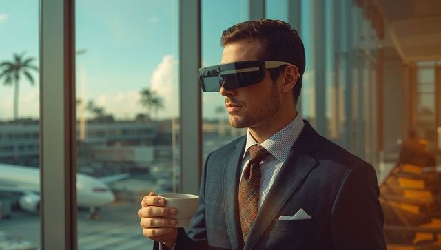 Executive Uses AR Glasses for Business Efficiency in Airport