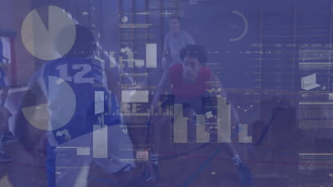 Dynamic Basketball Game with Futuristic Data Interface Overlay