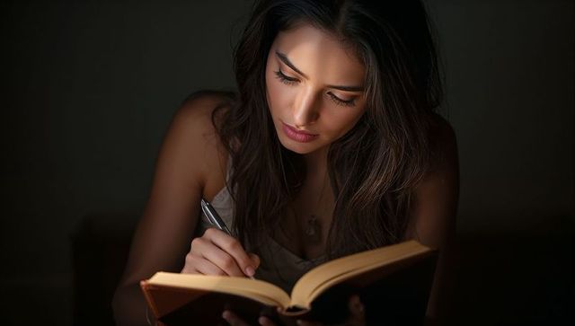 Young woman writing in journal by warm moody light, concentrating on late-night notes