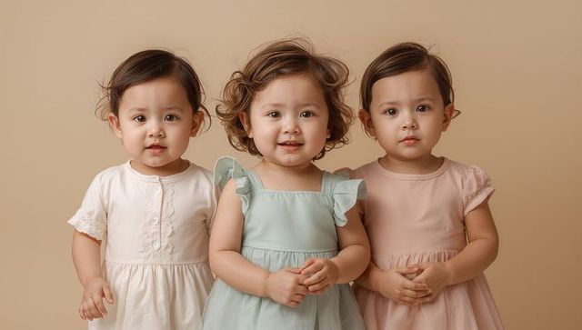 Triplets toddler girls wearing pastel dresses posing together on beige backdrop