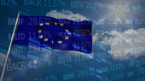 EU Flag with Stock Market Data and Blue Sky