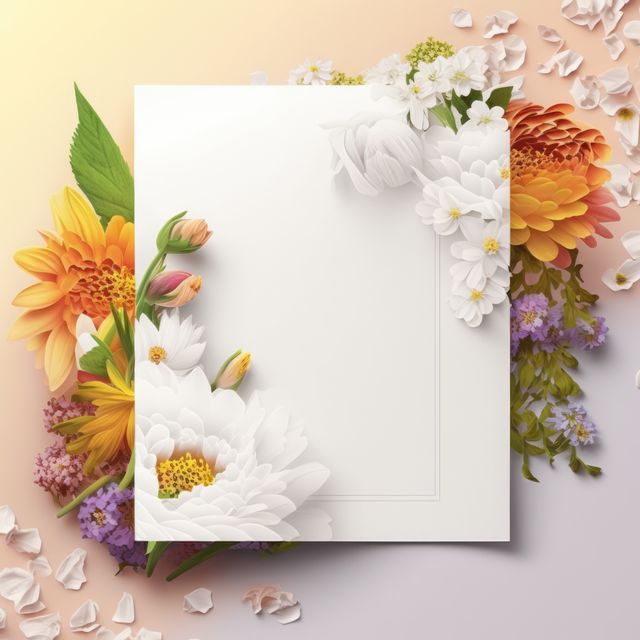 Blank white card surrounded by vibrant flowers on a soft gradient background, making it perfect for various creative projects. Ideal for designing invitations for weddings or celebrations, creating customized greeting cards, or using as a decorative element in graphic design. The floral arrangement adds a touch of elegance and freshness.