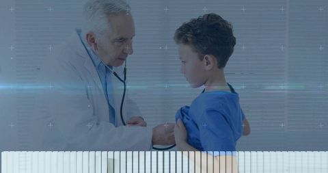 Pediatrician listening to boy's chest with stethoscope during clinic exam with digital overlay