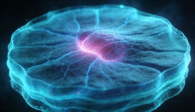 Bioluminescent disc emitting magenta core sparks with cyan filaments, ethereal orb