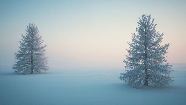 Two Frosty Trees in Snowy Winter Dawn with Pastel Sky