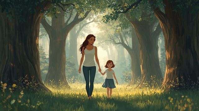 Mother walking with daughter holding hands on sunlit forest path through wildflower meadow