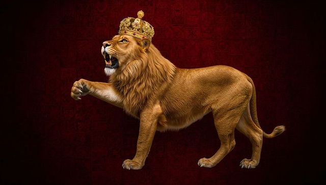 Roaring crowned lion on rich red adorned backdrop